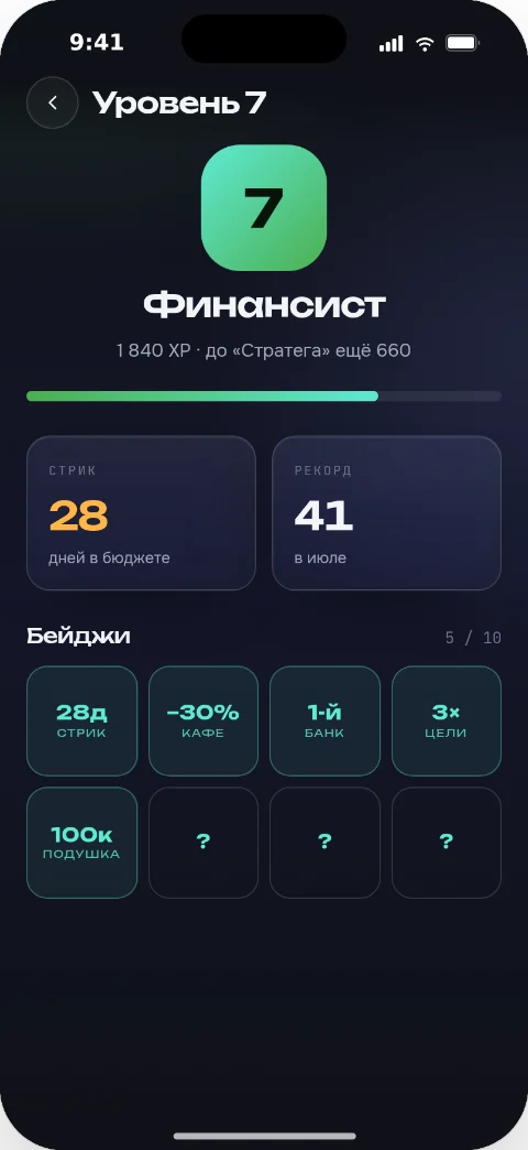 Экран «Уровень 7»: опыт до следующего уровня, стрик дней в бюджете и бейджи